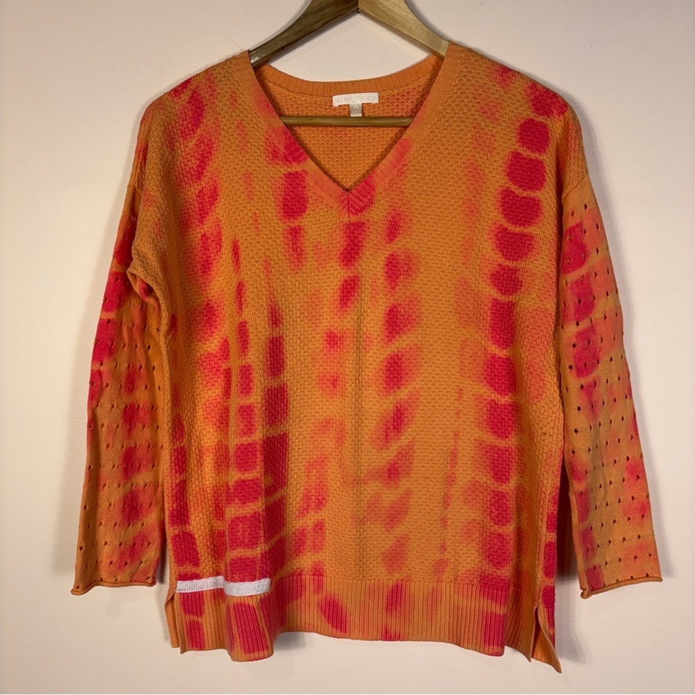 Lisa Todd Pink Orange Tie Dye Knit V-Neck Sweater Cotton Colorful